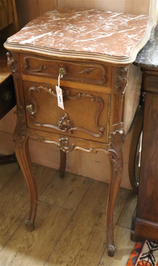 A French marble top walnut bedside cabinet H.84cm